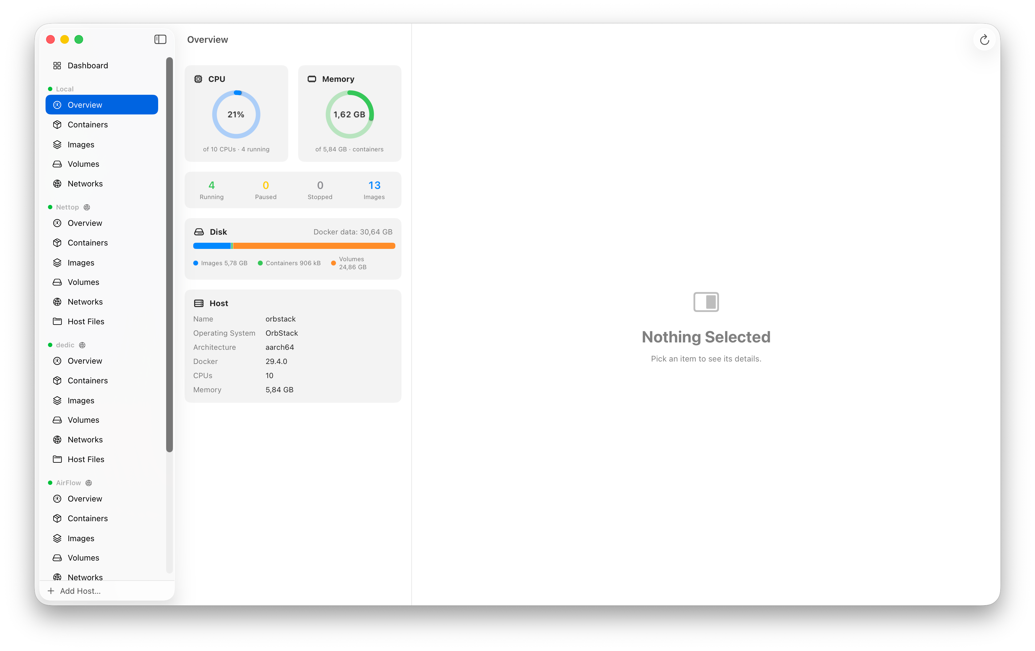 Host overview with gauges and disk usage
